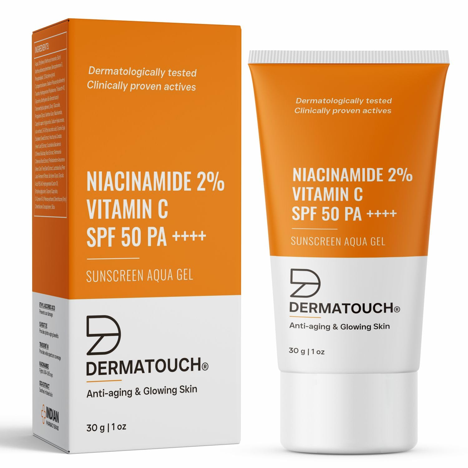 DERMATOUCH Niacinamide 2% Vitamin C Sunscreen for glowing skin | SPF 50+ PA ++++ | Quick Absorbing | Zero White Cast