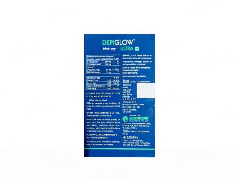 Depiglow Ultra Tablets Advanced Skin Brightening & Pigmentation Support with Glutathione, Vitamin C, and Antioxidants – 10 Tabs Strip