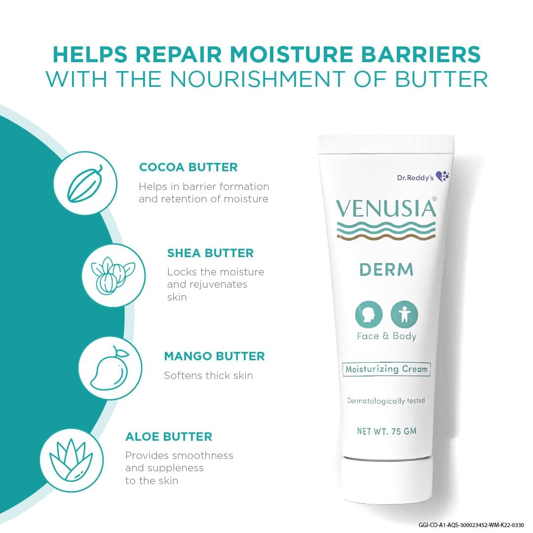 Venusia Derm Moisturizing Cream | Enriched with 4 natural butters, 4D Hyaluronic Acid & Polyglutamic Acid | Clinically Proven to hydrate & soften dry-skin conditions | For Face & Body |No.1 Dermatologist Recommended Brand | 75 g ( Pack of 3 )