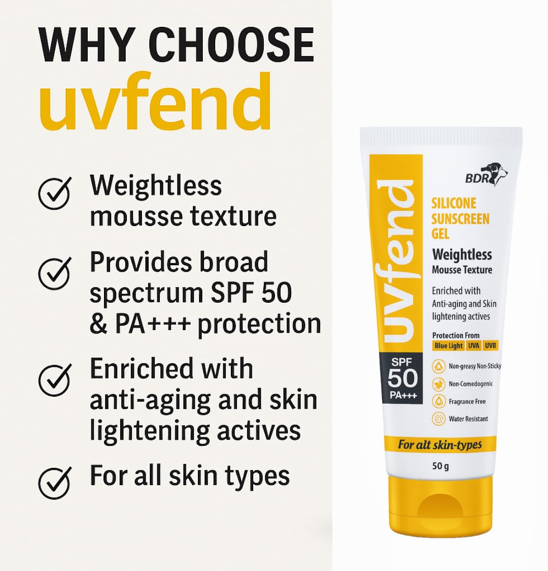Uvfend Silicone Sunscreen Gel SPF 50 PA+++ | Weightless Mousse Texture | Anti-Aging & Skin Lightening | Blue Light, UVA & UVB Protection | 50g