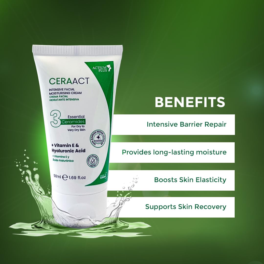 Ceraact Intensive Facial Moisturizing Cream| for Dry to Very Dry Skin with 3 Essential Ceramides, Vitamin E & Hyaluronic Acid | Hydration & Barrier Support | 50ml