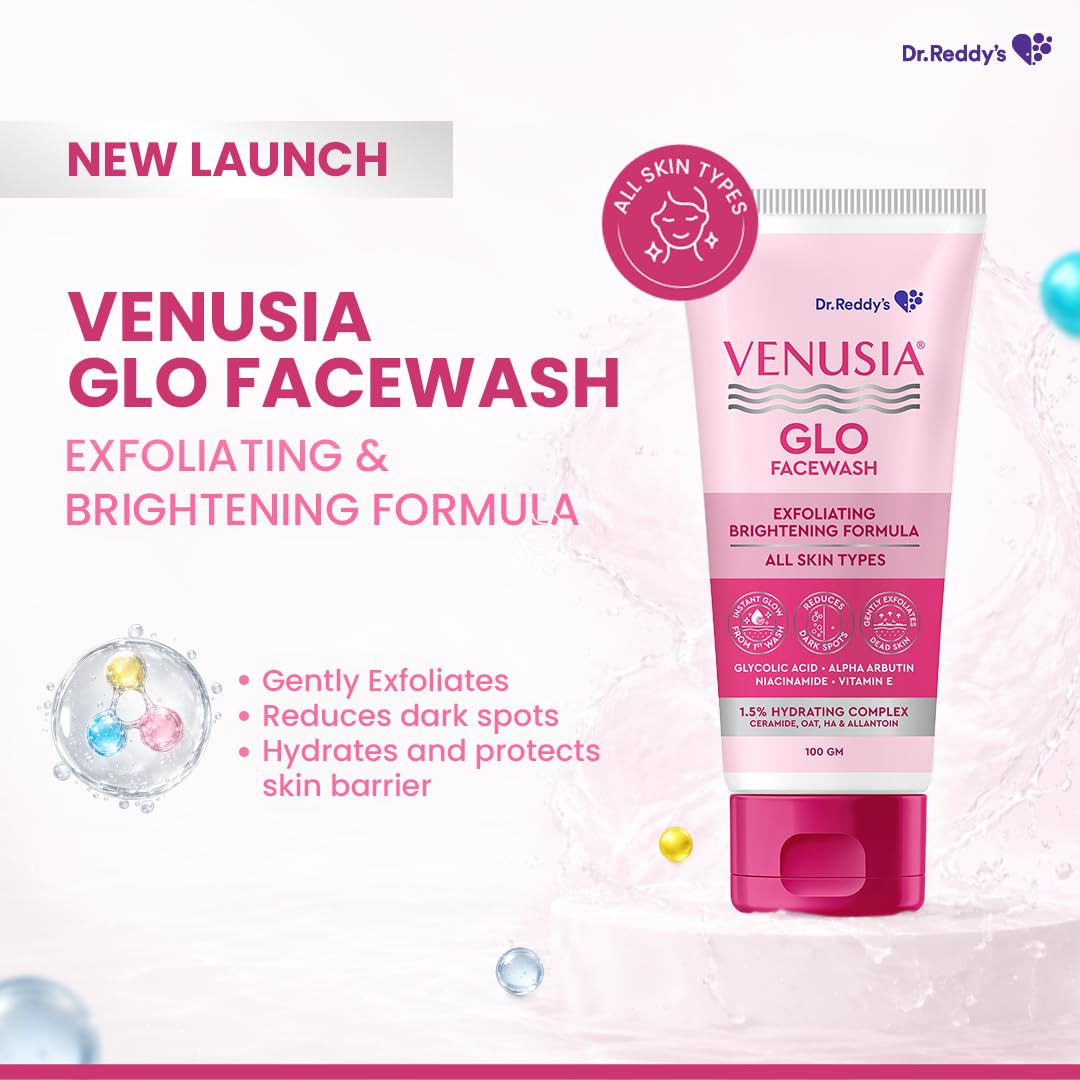 Venusia Glo Facewash | Exfoliating & Brightening Formula | Reduces Dark Spots & Gives Instant Glow from 1st wash | Enriched with Glycolic Acid, Alpha Arbutin, Niacinamide, Vitamin E, Ceramides - Oats - HA complex | All Skin Type | 100g ( Pack of 2 )