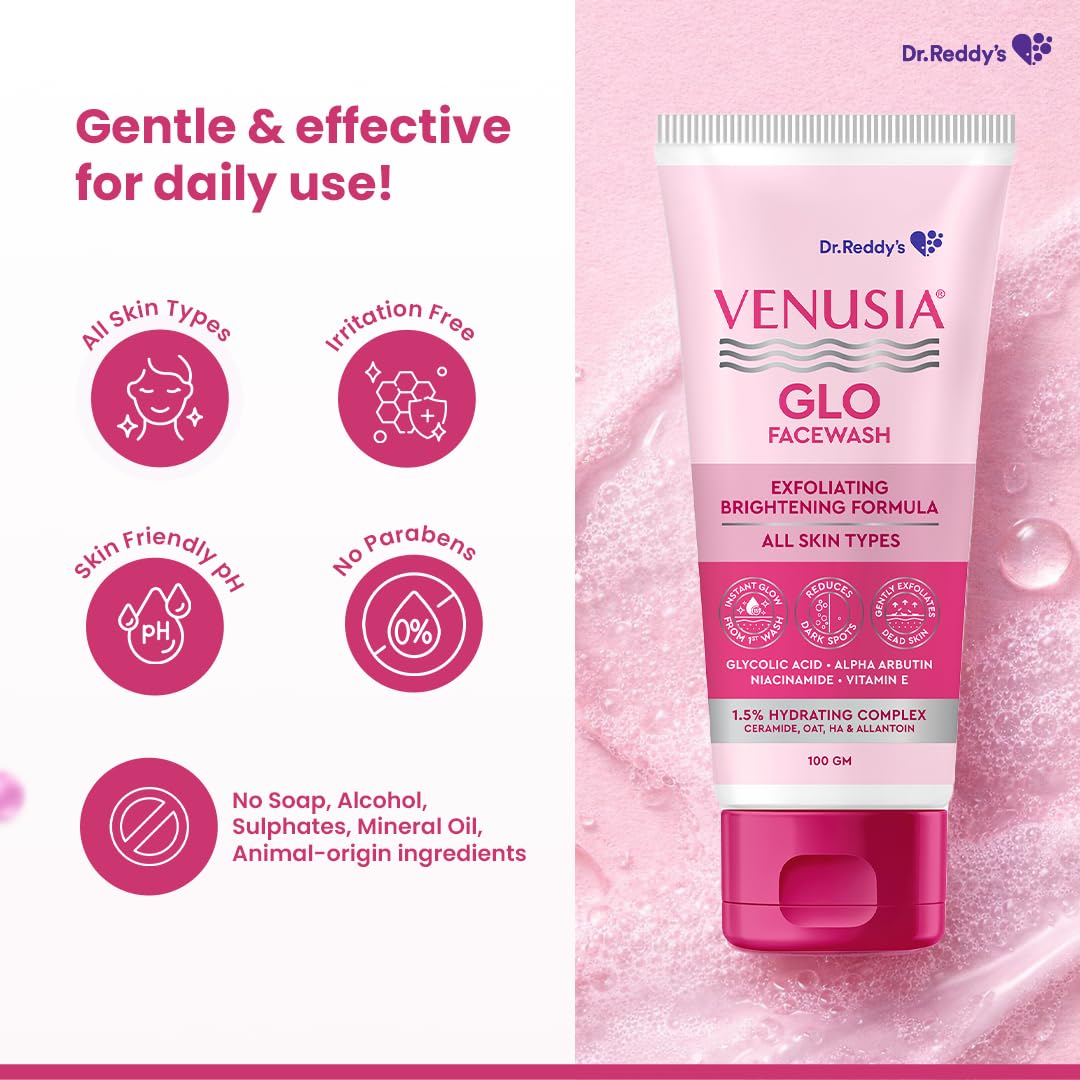 Venusia Glo Facewash | Exfoliating & Brightening Formula | Reduces Dark Spots & Gives Instant Glow from 1st wash | Enriched with Glycolic Acid, Alpha Arbutin, Niacinamide, Vitamin E, Ceramides - Oats - HA complex | All Skin Type | 100g ( Pack of 2 )