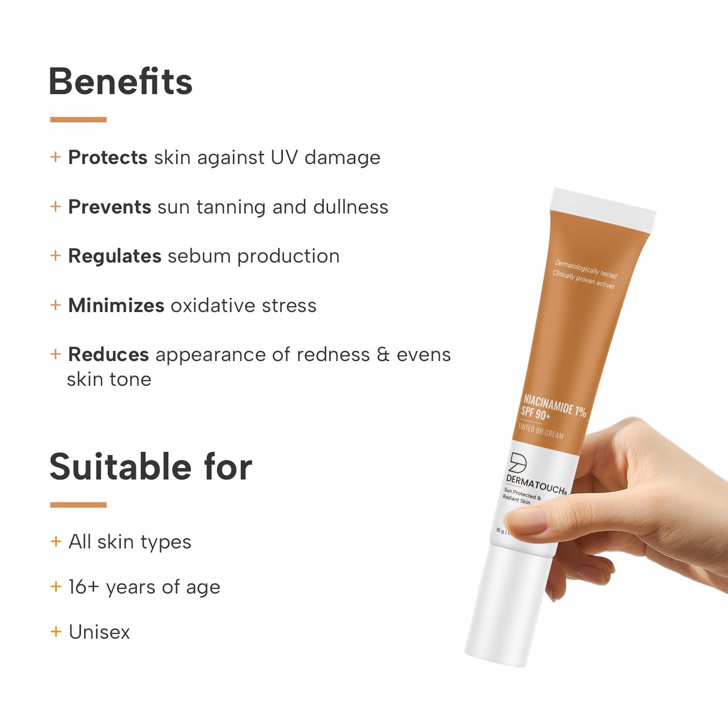 DERMATOUCH Niacinamide 1% SPF 90+ PA+++ Tinted BB Cream | For Sun Protected & Radiant Skin | UVA-UVB Protection | Suitable to All Skin Types | For both Men & Women