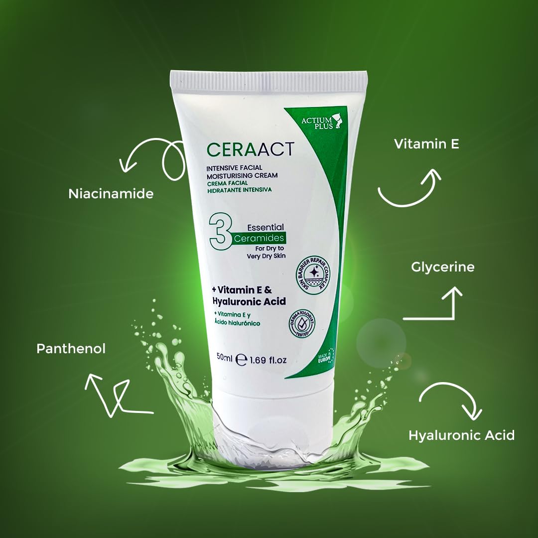 Ceraact Intensive Facial Moisturizing Cream| for Dry to Very Dry Skin with 3 Essential Ceramides, Vitamin E & Hyaluronic Acid | Hydration & Barrier Support | 50ml