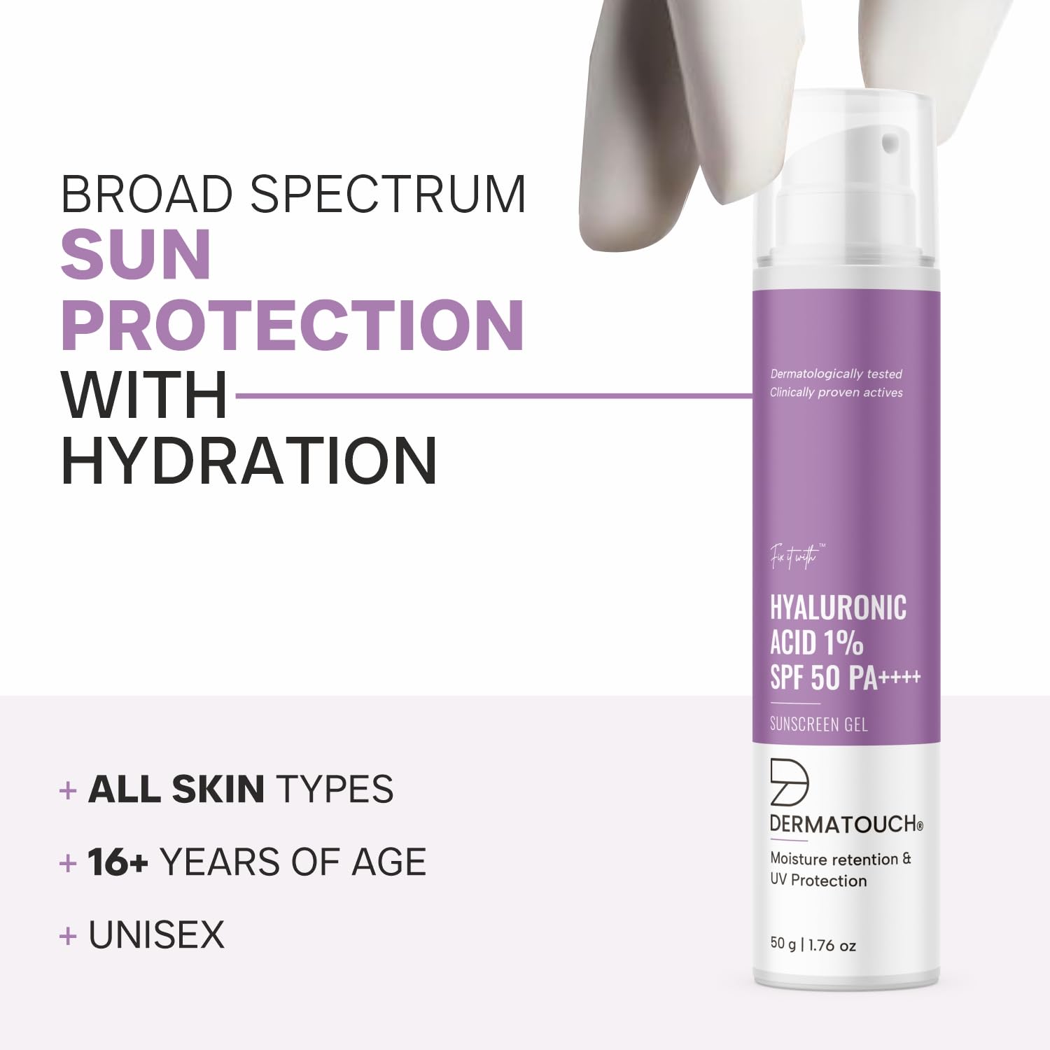 DERMATOUCH HYALURONIC ACID 1% SUNSCREEN | SPF 50 PA++++ | FOR ALL SKIN TYPES | NO WHITE CAST