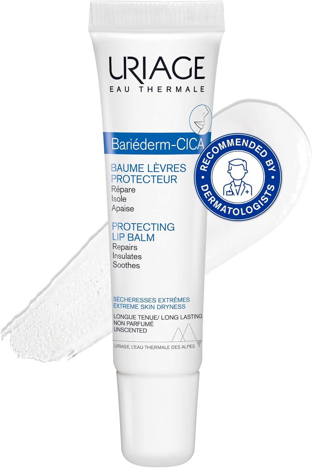 Uriage Bariederm-Cica Protecting Lip Balm with Glycerin - Ultra-Nourishing Lip Repair Ointment for Dry, Chapped, Cracked & Damaged Lips - Soothes & Repairs Lips - Fragrance-free - 15ml