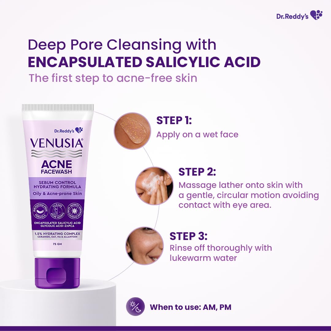 Venusia Acne Facewash | Sebum Control & Hydrating Formula | Clears Acne-marks | Enriched with encapsulated Salicylic Acid, Glycolic Acid, Ceramide - Oat - HA Complex | Oily & Acne-Prone Skin | 75g ( Pack of 2 )