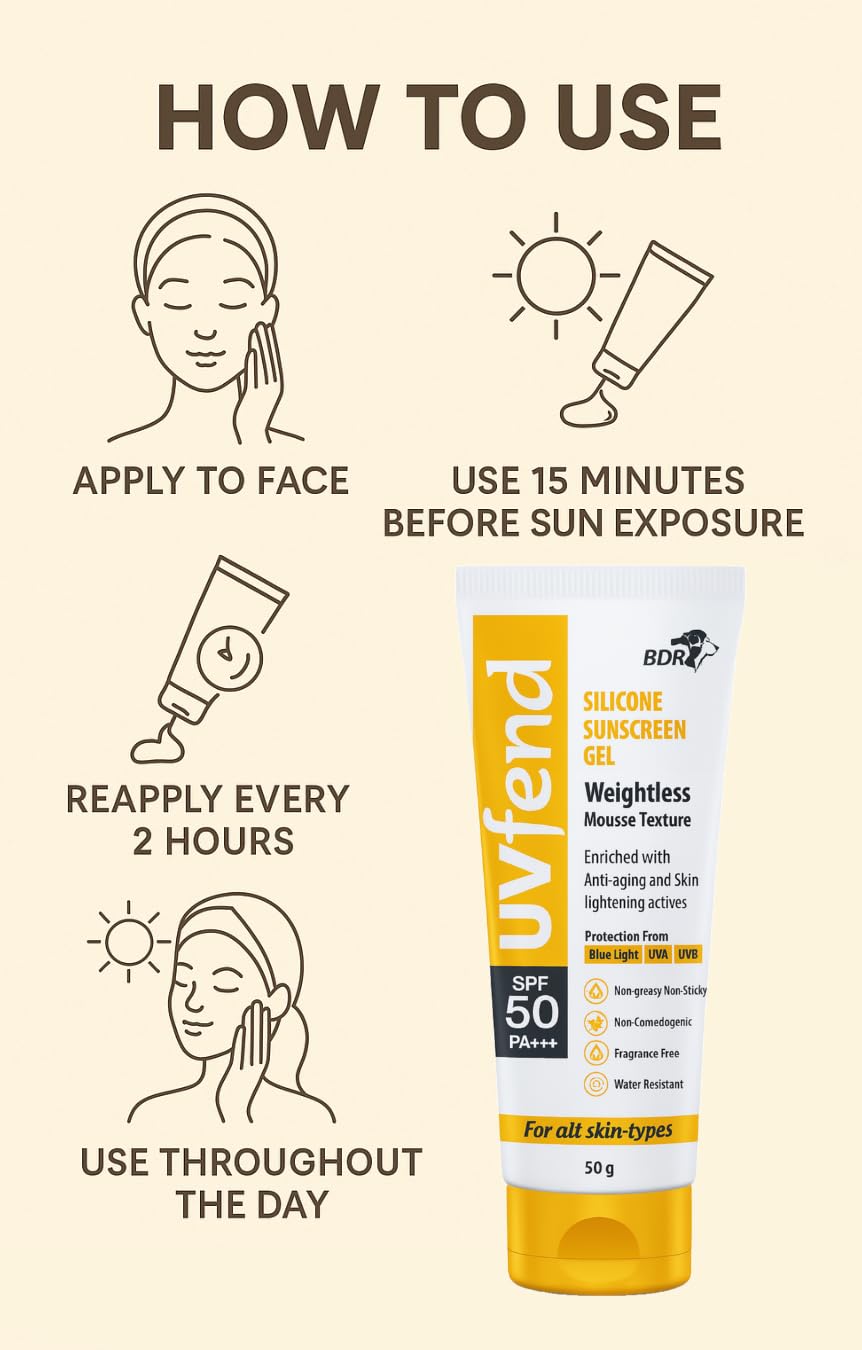 Uvfend Silicone Sunscreen Gel SPF 50 PA+++ | Weightless Mousse Texture | Anti-Aging & Skin Lightening | Blue Light, UVA & UVB Protection | 50g