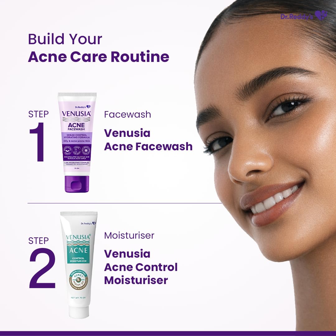Venusia Acne Facewash | Sebum Control & Hydrating Formula | Clears Acne-marks | Enriched with encapsulated Salicylic Acid, Glycolic Acid, Ceramide - Oat - HA Complex | Oily & Acne-Prone Skin | 75g ( Pack of 2 )