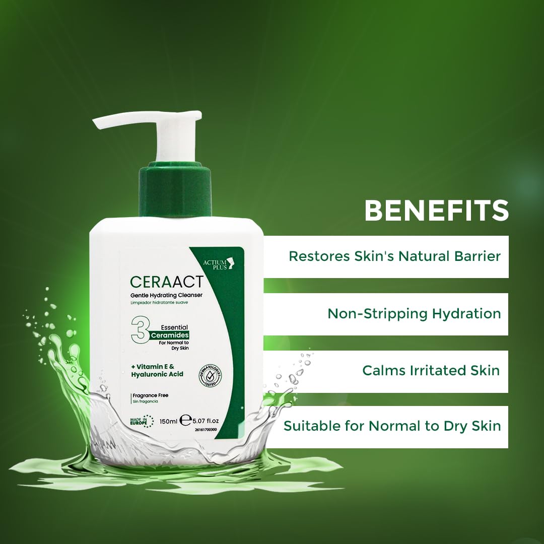 Ceraact Gentle Hydrating Cleanser For Normal To Dry Skin - Vitamin E & Hyaluronic Acid | Fragrance-Free Cleanser |150 ml