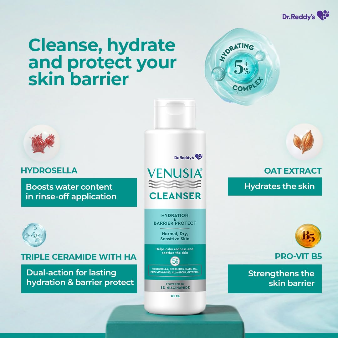 Venusia Hydrating & Barrier Protect Cleanser | With Ceramides, Hyaluronic Acid, Niacinamide, Pro-Vitamin B5 | For Normal, Dry, and Sensitive Skin | 125 ml | From the House of No.1 Dermatologist Recommended Moisturiser ( Pack of 2 )