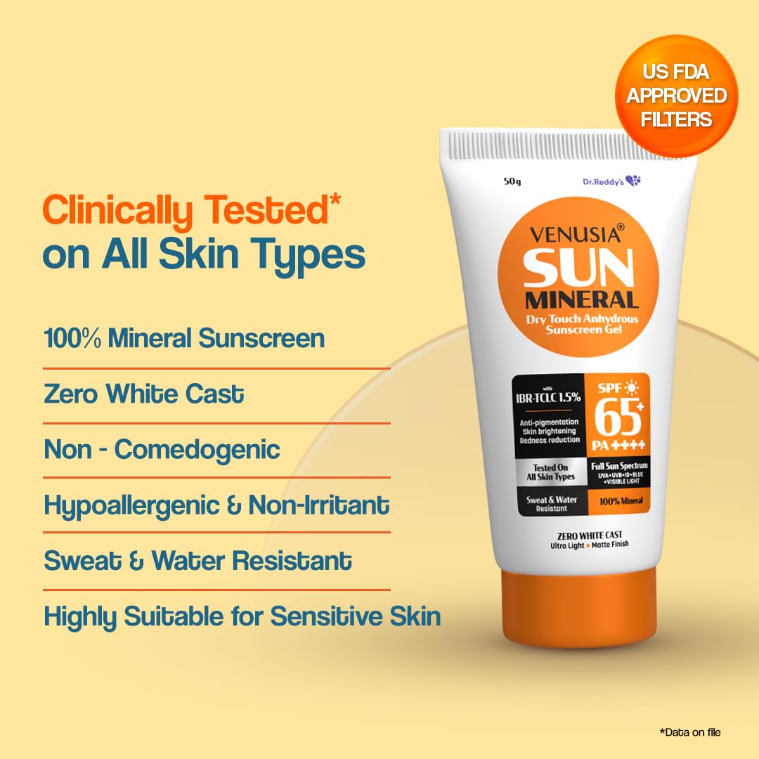 Venusia Sun Mineral Sunscreen SPF 65 | Full Spectrum Protection - UVA, UVB, Blue Light, Visible Light | Dermatologist Recommended | For Anti-pigmentation | Sun Damage Repair | Suitable for All Skin Types | 50g
