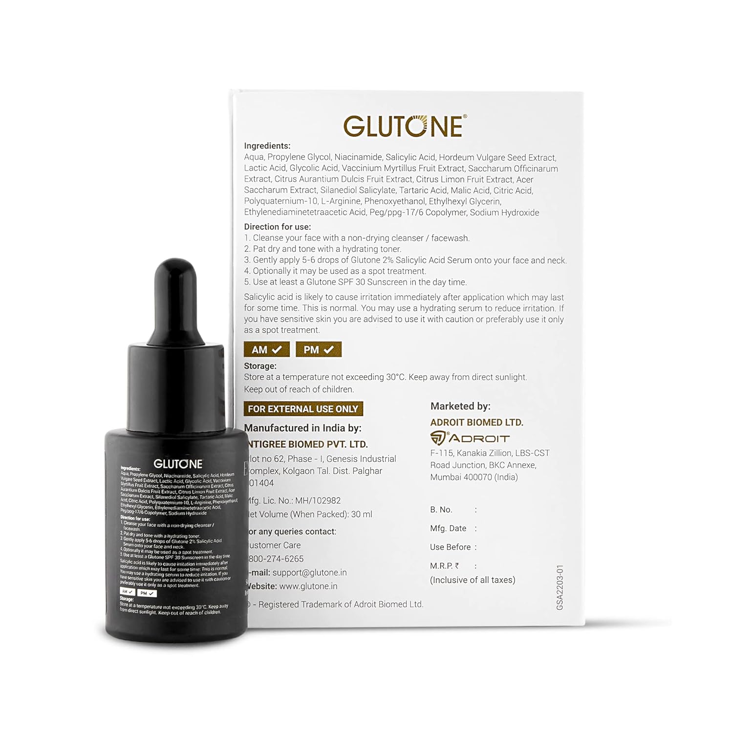 Glutone 2% Salicylic Acid Serum for oily & acne-prone skin | Reduces Excessive oil and blackheads | Gently exfoliates & Unclogs Pores | Smoothens the Skin | 30 ml