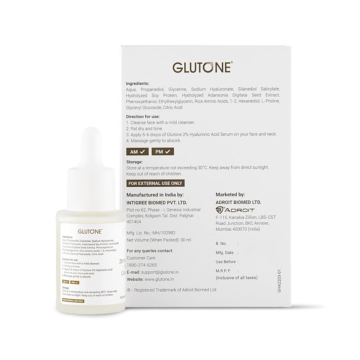 Glutone 2% Hyaluronic Acid Serum with Vegan collagen peptide |10 molecular weight Hyaluronic Acid for Intense Hydration | for Anti Ageing, Glowing & Plump skin | Reduced Fine lines & wrinkles | 30ml
