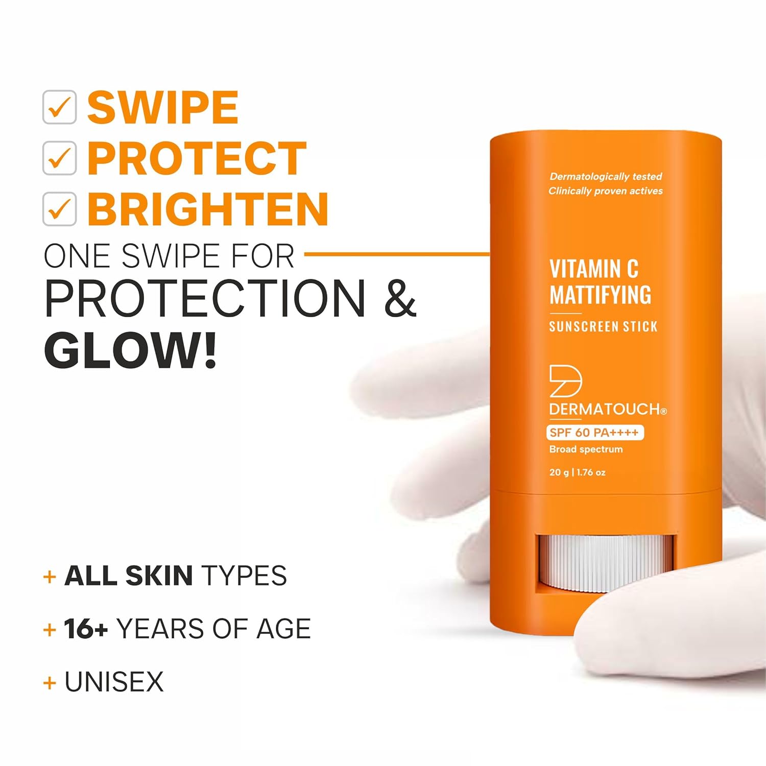 DERMATOUCH Vitamin C Mattifying Sunscreen Stick | SPF 60 PA++++ | For Brightening | Lightweight, No White Cast Sunscreen For All Skin Type | 20g