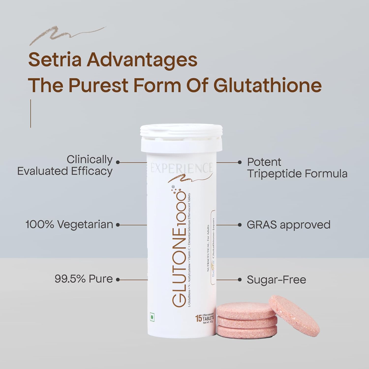 Glutone 1000 Setria L-Glutathione Tablets for Radiant & Clear Skin | 600mg Premium L-Glutathione & Vitamin C | Skin glow Brightening Supplement | 15 Effervescent Tablets | Orange Flavor