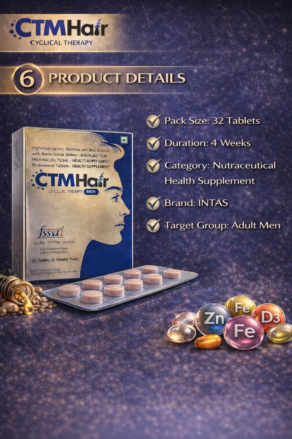 CTM Hair Cyclical Therapy for Men – Hair Growth Nutraceutical Tablets with MSM, Beta Sitosterol & Amino Acids | Multivitamin & Multimineral Supplement | 32 Tablets (4 Weeks Pack) (Men)