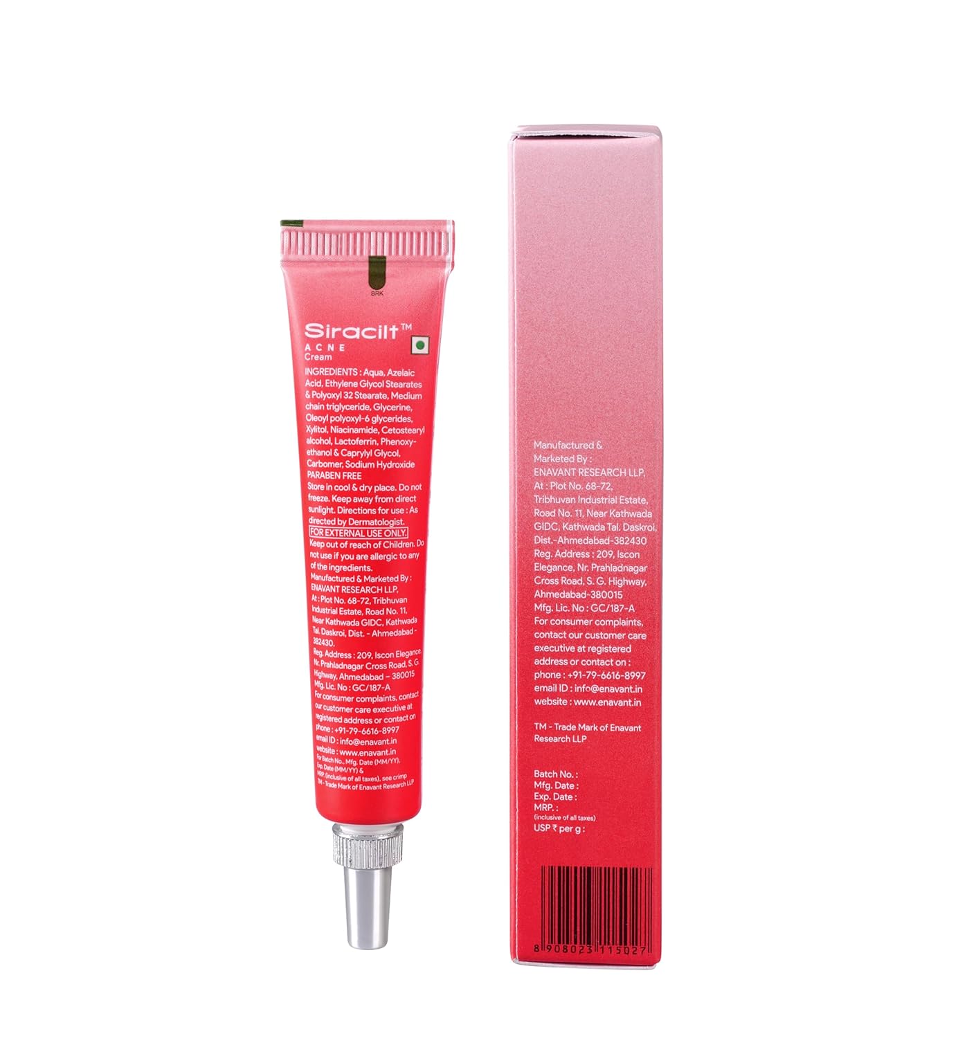 SIRACILT ACNE Cream with Azelaic Acid and Niacinamide, Anti-bacterial action, Reduces sebum levels & clogged pores, Gentle exfoliation of dead skin cells, Paraben & Sulphate Free - 15gm