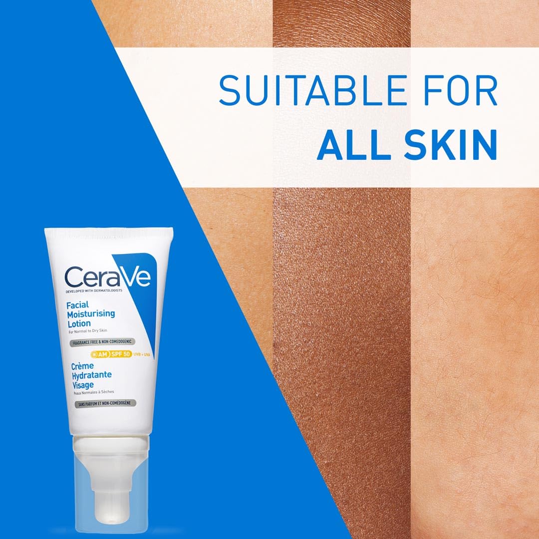 CeraVe AM Facial Moisturizing Lotion for Normal to Dry Skin (52 ml) with Broad Spectrum Sunscreen SPF 50, Enriched with Ceramides, Niacinamide & Hyaluronic acid
