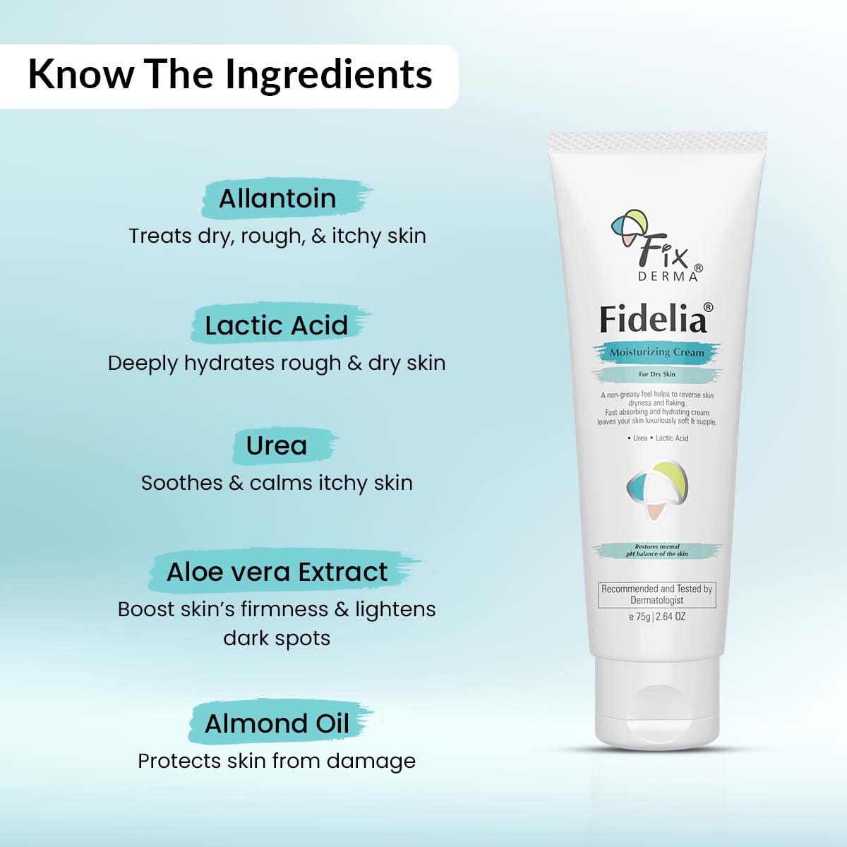 Fidelia Moisturizing cream | Daily Moisturizer for Dry & chapped skin | Provides Hydration and Moisturization, Non-Comedogenic & Non-Greasy formulation - 75 gm