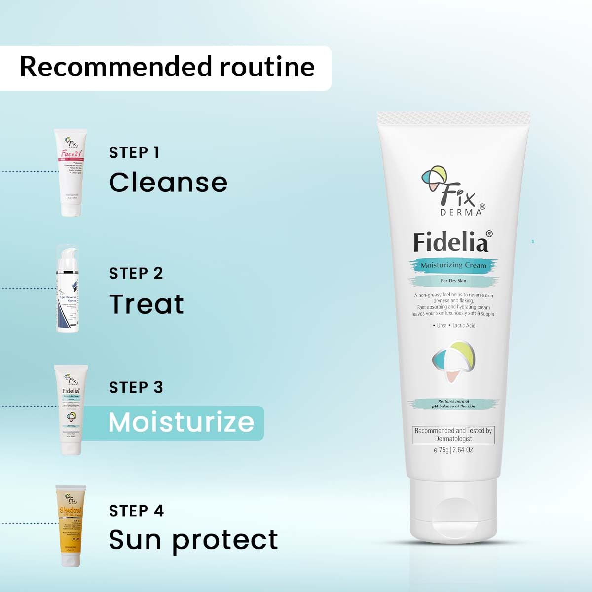 Fidelia Moisturizing cream | Daily Moisturizer for Dry & chapped skin | Provides Hydration and Moisturization, Non-Comedogenic & Non-Greasy formulation - 75 gm