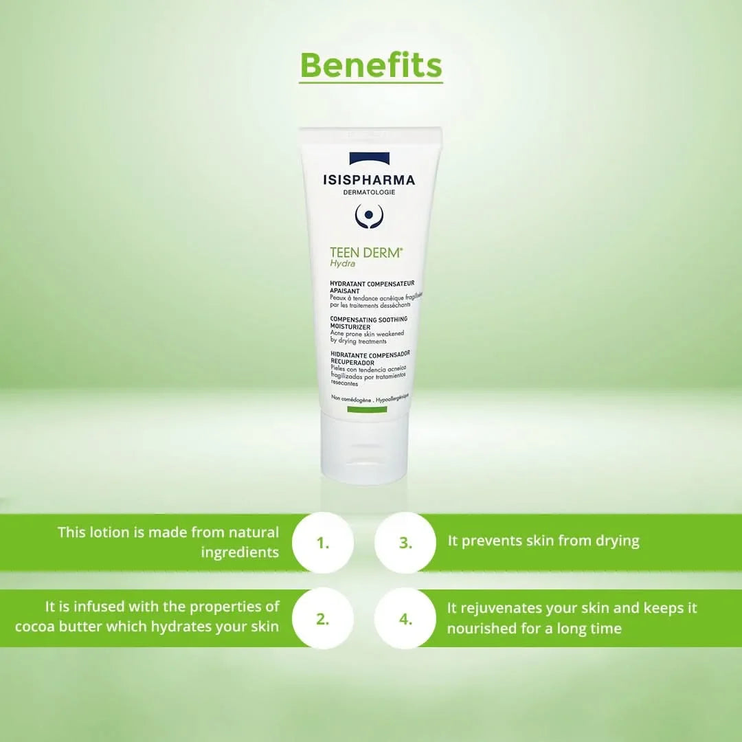 Isispharma Teen Derm Hydra Compensating Soothing Moisturizer Cream | Moisturizer for Acne, Sensitive & Dry Skin |Compensating Soothing Formula for Treatment-Damaged Skin | 40ml