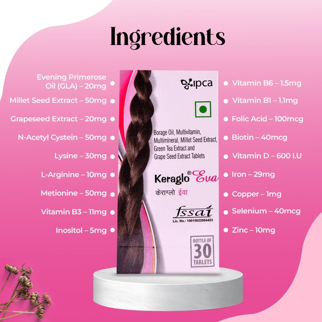 Keraglo Eva Hair Growth Tablets For Women 30 Tabs – Revolutionary Gender Based Formulae | Nourishes Scalp, Supports Follicles & Strengthens Strands – Hair Supplements