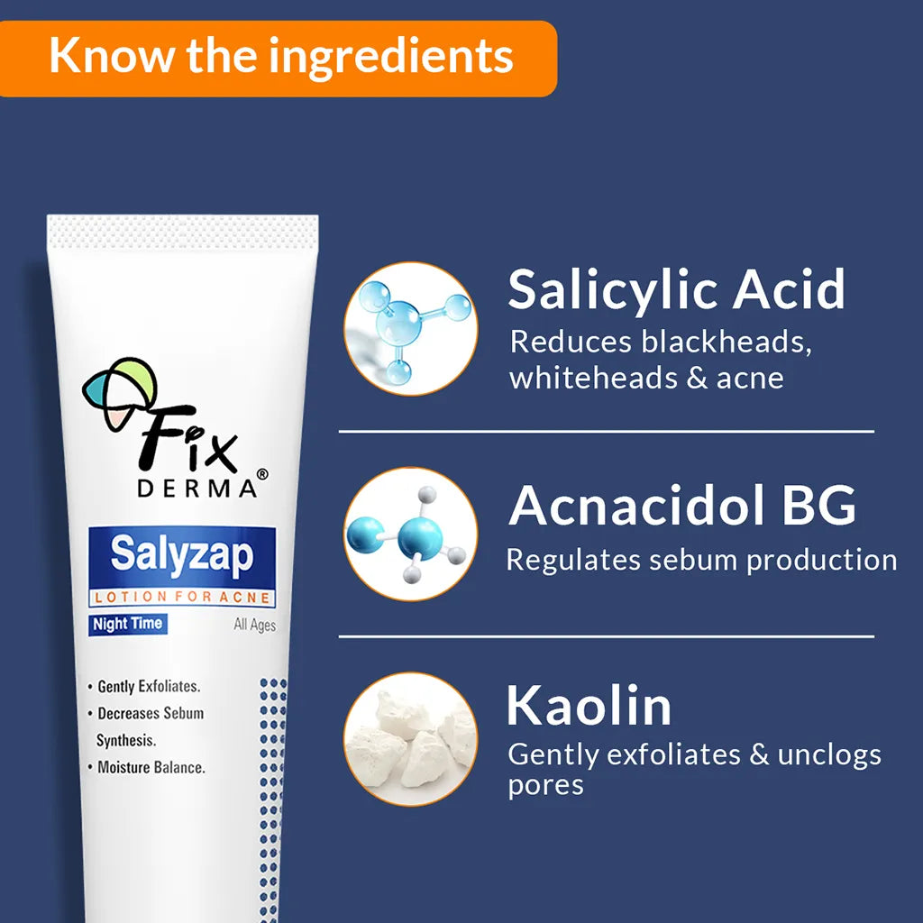 Salyzap Lotion Night time, with Salicylic Acid Helps in Moisture Balance, For acne scars, pimples, Unclogs pores, Exfoliator, Soothes redness, Suitable for Oily and Acne-Prone skin, 20ml
