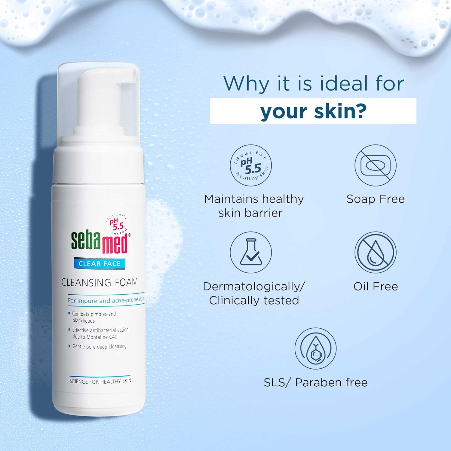 Sebamed Clear Face Cleansing Foam for Acne prone Skin I pH 5.5 I Gentle, Effective hydrating cleanser for pimples | Face wash |men & womenl Oil Free l Clinically proven l Toxin free