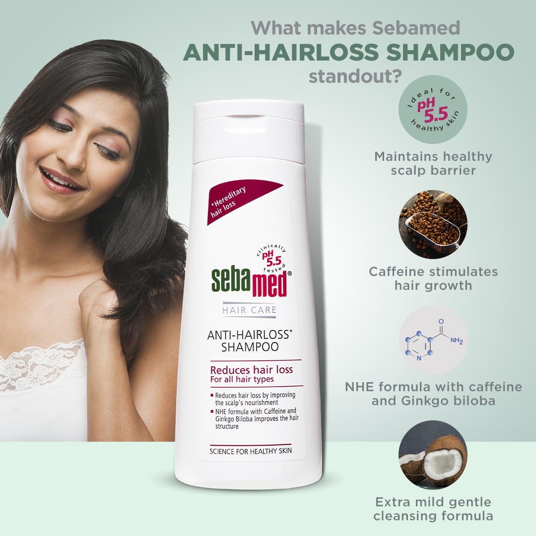 Sebamed Anti Hairloss Shampoo, 200 ml | pH 5.5 | Reduces Hairloss | Caffeine & Gingko Biloba| Hairfall| men & women | Soap free l Toxin free l Clinically proven