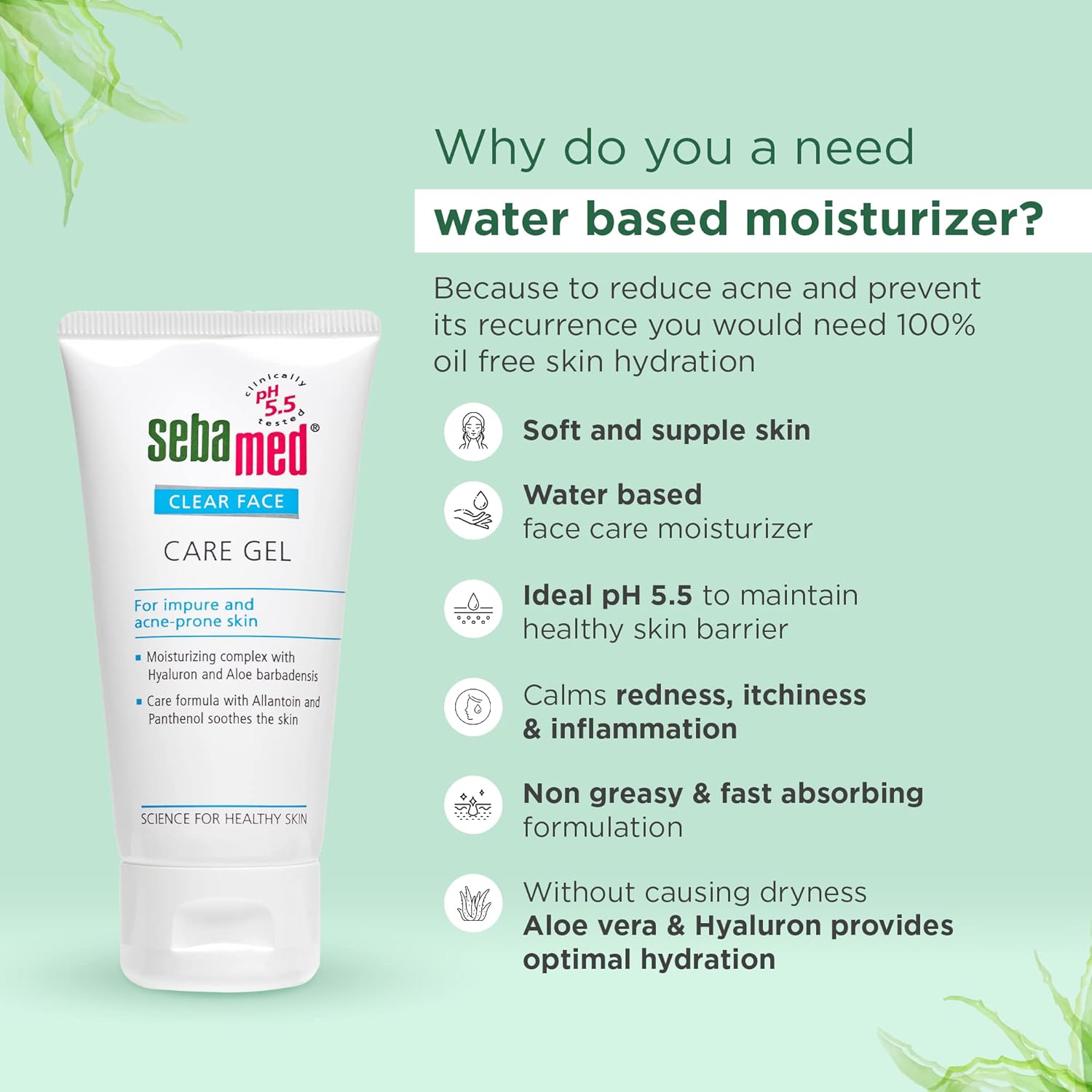 Sebamed Clear Face Care Gel , 50 ml | pH 5.5  |Acne/ pimple prone skin|Hyaluronic acid & Aloe Vera|Water based Moisturiser | non sticky l Toxin free