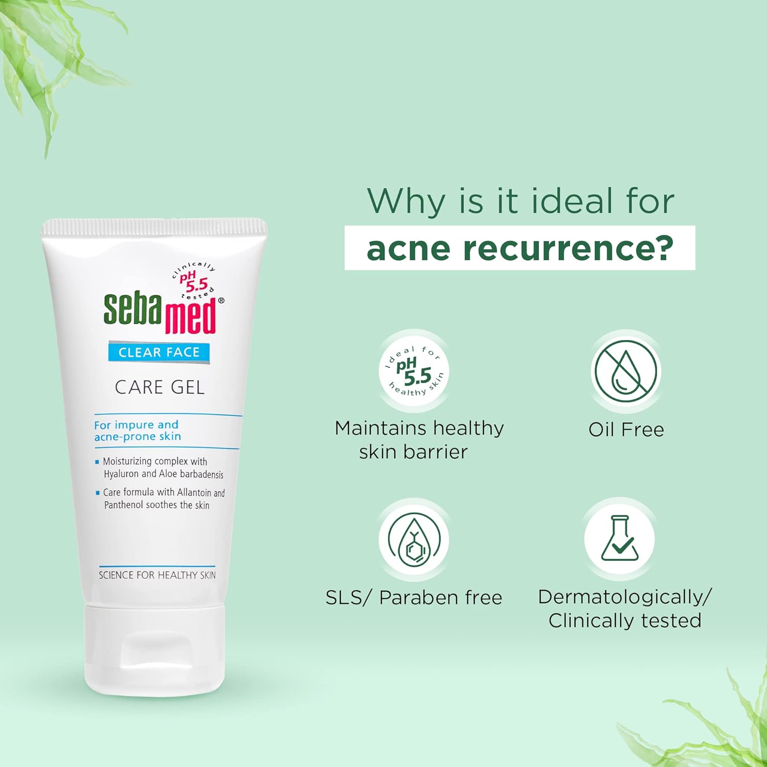 Sebamed Clear Face Care Gel , 50 ml | pH 5.5  |Acne/ pimple prone skin|Hyaluronic acid & Aloe Vera|Water based Moisturiser | non sticky l Toxin free
