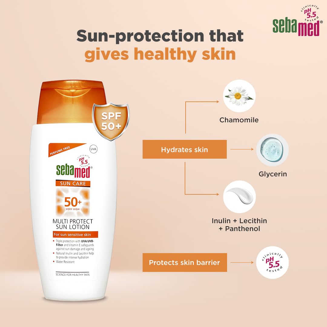 Sebamed Multi Protect Sun lotion SPF 50, 150 ml I UVA/UVB Protection filter I Water resistant sunscreen with pH 5.5 I Vitamin E I men & women I Suitable for children I Clinically tested