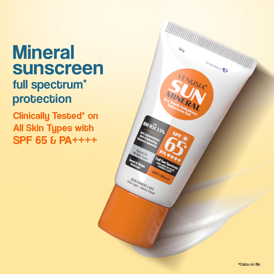 Venusia Sun Mineral Sunscreen SPF 65 | Full Spectrum Protection - UVA, UVB, Blue Light, Visible Light | Dermatologist Recommended | For Anti-pigmentation | Sun Damage Repair | Suitable for All Skin Types | 50g