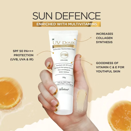 UV Doux Gold Silicone Sunscreen Gel SPF 50 pa+++ UVA/UVB With Broad Spectrum, Water Resistant Best SPF Sunscreen For Adult