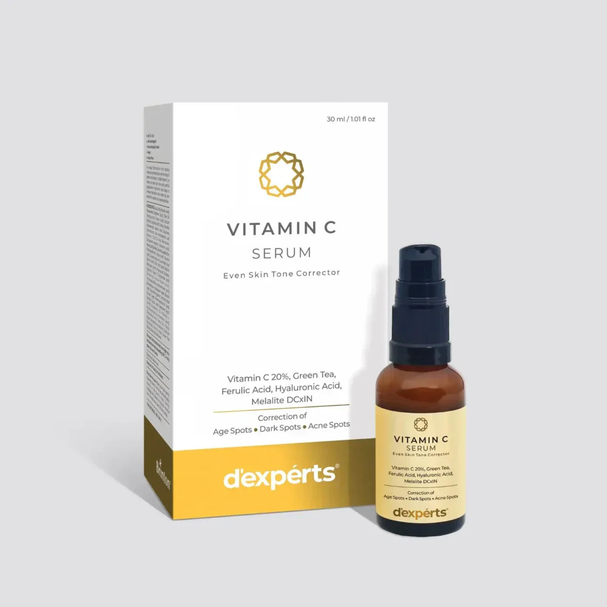 d'experts Vitamin C Serum with Green Tea, Ferulic Acid, Hyaluronic Acid | Correction of Age Spots, Dark Spots & Acne Spots | Reduces Fine Lines & Wrinkles | For All Skin Types 30ml